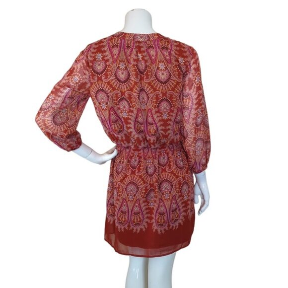 Rust Orange Red Floral Paisley Boho Tassel Short Dress - Picture 4 of 13